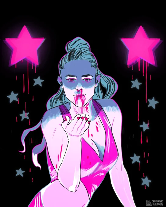 Menacing illustration of sue from the substance. She has a very dark shadow cast on her in shades of pale cyan. Red eyes. Blood running down her nose and mouth. She’s blowing a kiss. There are two stars on each side of her dripping blood

Tw blood 
#horror #horrorart