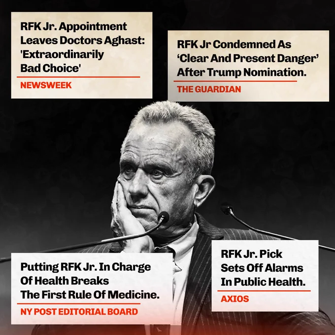 Black and white image of RFK Jr. at a microphone with hand on chin, surrounded by bold headlines: 'RFK Jr. Appointment Leaves Doctors Aghast: "Extraordinarily Bad Choice"' (Newsweek), 'RFK Jr. Condemned As "Clear And Present Danger" After Trump Nomination' (The Guardian), 'Putting RFK Jr. In Charge Of Health Breaks The First Rule Of Medicine.' (NY Post Editorial Board), and 'RFK Jr. Pick Sets Off Alarms In Public Health.' (Axios).