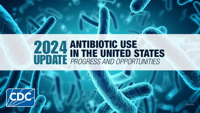 [Infographic] Pathogen medical illustration with text overlay that reads: 2024 Update Antibiotic Use in the United States, Progress and Opportunities

CDC logo bottom left