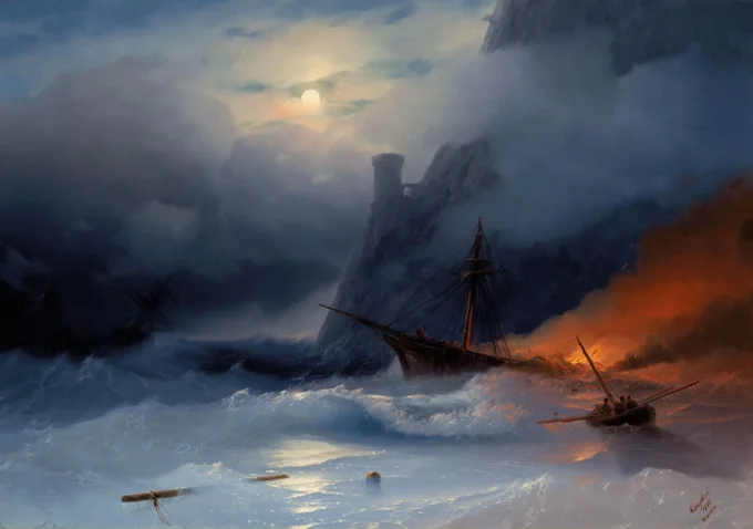 Tempest, Ivan Aivazovsky, 1855

On a roiling sea, a rowboat escapes a burning shipwreck overlooked by a fortified cliff face tower in moonlight.