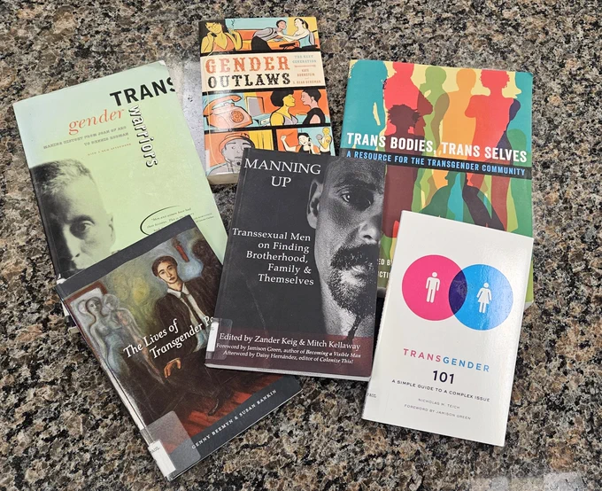 A selection of library books on transgender issues.