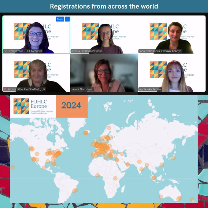 A split image - at the top are screenshots of six smiling women, 5 are from the organisng committee, one is the keynote speaker. Underneath is a world map with lots of colourful dots, indicating where participants came from. There are dots on every permanently inhabited continent, with the biggest concentration in Europe.