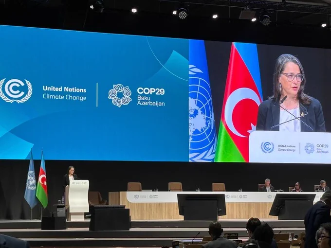 Canada's Ambassador for Climate Change standing behind a podium on an auditorium stage at the COP29 conference
