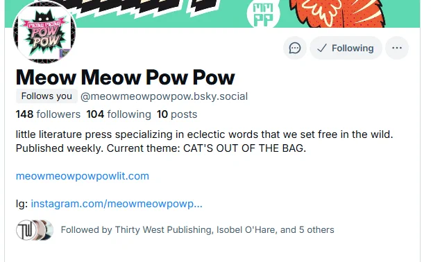bksy header for meow meow pow pow lit; cartoon of a cat featured