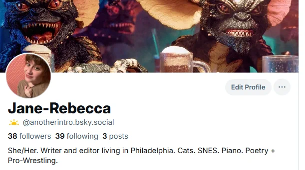 image of header for bksy for anotherintro; features a photo of a woman with brown hair and the background of gremlins