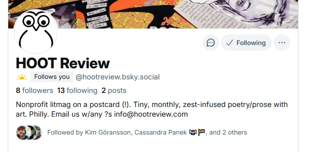 header for hoot on bksy, cartoon of an owl and a background of a stack of poetry postcards