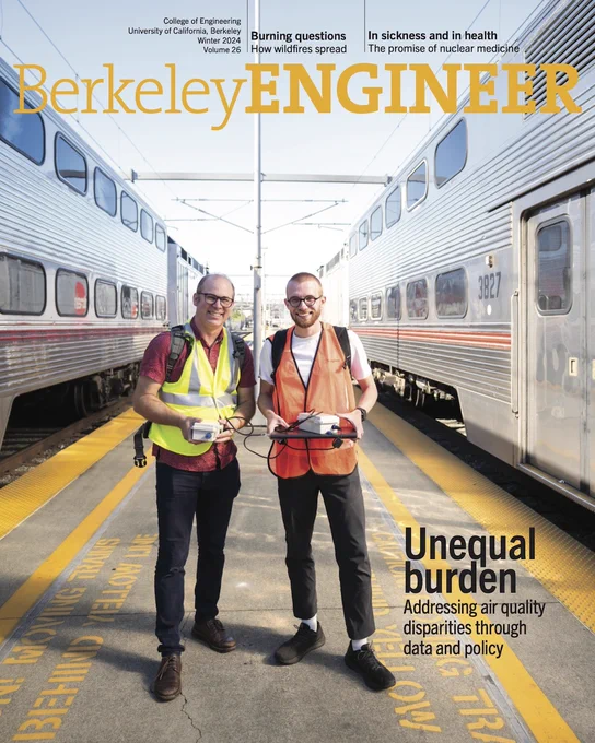 The Berkeley Engineer magazine cover featuring Professor Joshua Apte and postdoctoral researcher Samuel Cliff on a Caltrain platform. (Photo by Adam Lau / Berkeley Engineering)