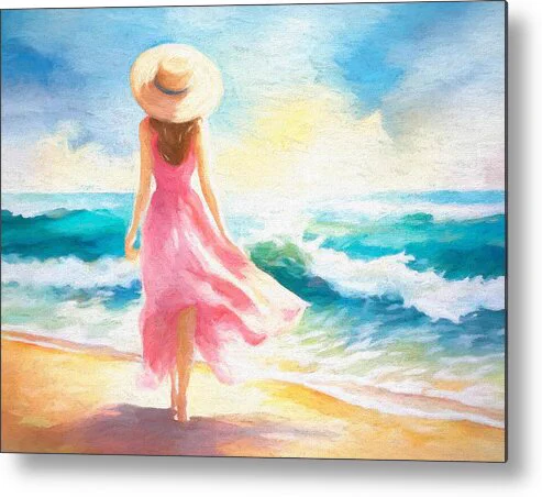 A serene oil painting depicting a tranquil summer day by the ocean, featuring a woman gracefully strolling along a sunlit beach. She wears a flowing pink dress that sways gently in the breeze, paired with a wide-brimmed hat that casts a delicate shadow over her face. The soft, golden sunlight bathes the scene, highlighting the gentle waves as they crash onto the sandy shore. The water glimmers with shades of aquamarine and sapphire, contrasting beautifully with the warm tones of the sand. The composition exudes peace and simplicity, capturing the timeless joy of a quiet moment by the sea.

© Susan Rydberg