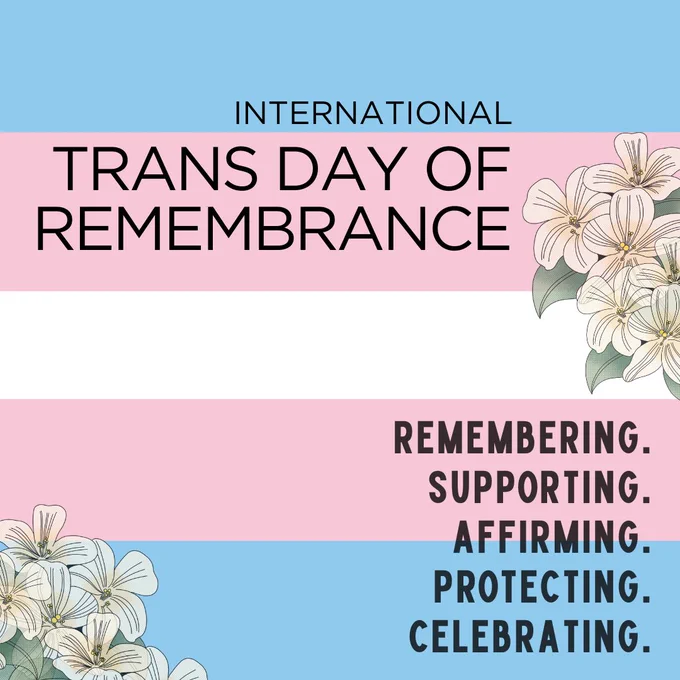 Trans flag-styled background with white flowers and the text International Trans Day of Remembrance, Remembering. Supporting, Affirming, Protecting, Celebrating