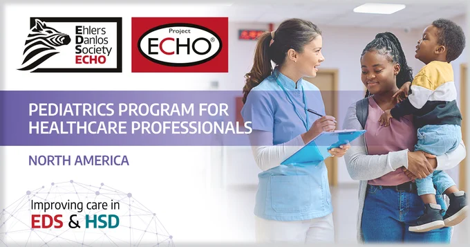 A banner-style image featuring two distinct sections. 

- **Top Left:** Logos of the **Ehlers-Danlos Society ECHO** (featuring a zebra icon) and **Project ECHO** with a red background.
- **Center:** A purple banner with the text **"PEDIATRICS PROGRAM FOR HEALTHCARE PROFESSIONALS"** in bold white font.
- **Right Side:** A healthcare professional in light blue scrubs holding a clipboard, speaking to a smiling woman holding a young child. The background depicts a hospital hallway with soft lighting, creating a professional and caring atmosphere.
- **Bottom Left Corner:** Text reads **"Improving care in EDS & HSD"** accompanied by a network design symbolizing collaboration.