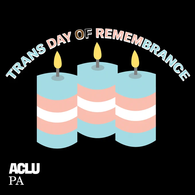 A graphic on a black backround that features three candles, all of them in blue, pink, and white coloring to represent the Trans Pride flag, with text in the same colors, that says, "Trans Day of Remembrance". 