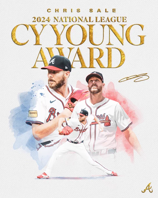 A watercolor collage of Chris Sale on the mound, winding up and throwing. Text reads, “Chris Sale: 2024 National League Cy Young Award.”