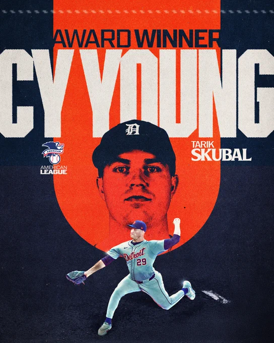 Award Winner
Cy Young
American League
Tarik Skubal

Pictured: A graphic featuring a headshot of Tarik Skubal centered above a cutout of him pitching. He wears a Detroit Tigers uniform.