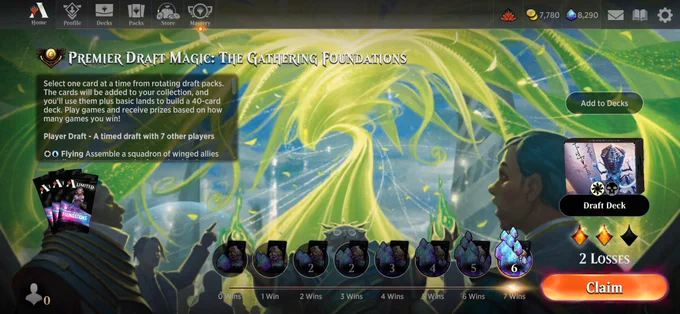 MTG Arena screenshot showing 7 wins and 2 losses in Premier Foundations Draft