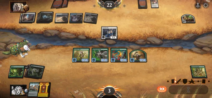A boardstate with 4 creatures on my board, all over 12 power, against 1 blocker, with opponent at 22 life. 