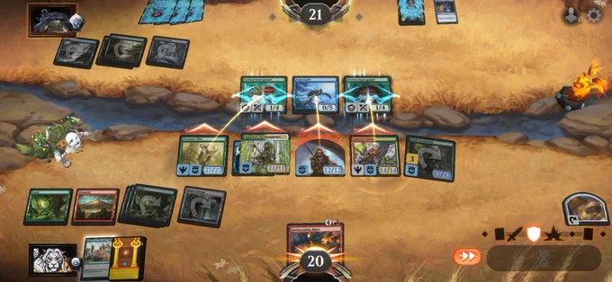 A boardstate with 5 creatures on my board, all over 11 power, against 3 blockers, with opponent at 21 life. 2 of my creatures have trample, one of which is a 27/27. 