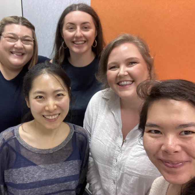 IERLab team posing for a group photo after IERLab Research Student Faye Mercier's Milestone 1 presentation. Clockwise from front left: Dr Jin Lee, Naomi Robinson, Faye Mercier, Rachel Berryman,  Prof Crystal Abidin