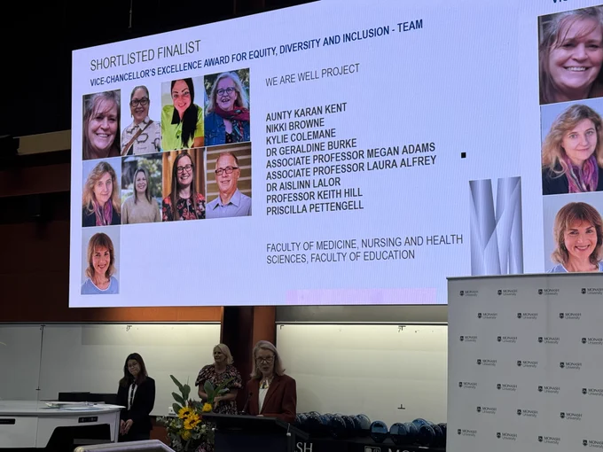 A data projector screen with a group of people's head shots on it and a title "Shortlisted finalist: Vice Chancellor's excellence award for equity, diversity and inclusion - Team" with a list of names