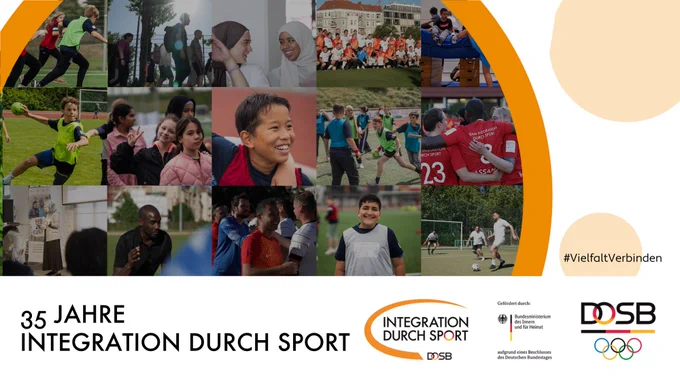 35 Jahre Integration durch Sport. Man sieht eine Collage mit vielen Menschen, die gemeinsam Sport treiben. Foto: DOSB/IdS