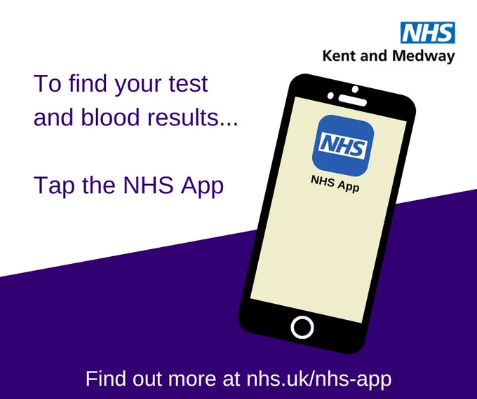 An image of a smartphone with the NHS App logo on the phone screen. 
Text reads: To find your test and blood results... Tap the NHS App. Find out more at nhs.uk/nhs-app
