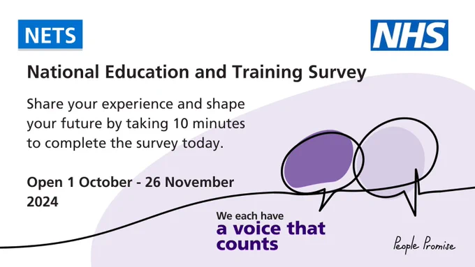 A graphic card with an illustration of two speech bubbles. Text to the left reads: National Education and Training Survey. Share your experience and shape your future by taking 10 minutes to complete the survey today. Open 1 October - 26 November 2024. Under the illustration text reads: We each have a voice that counts, People Promise.