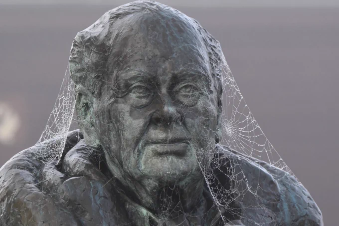 Cobwebs on a statue of Sir Peter Scott, founder of WWT.