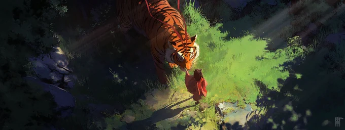 Illustration of a forest scene where a tiger and a girl in a red cape meet for the first time. The tiger bows its head gently toward the girl, who reaches out her hand, symbolizing an unspoken bond. The setting is bathed in soft sunlight, with lush greenery surrounding the characters.