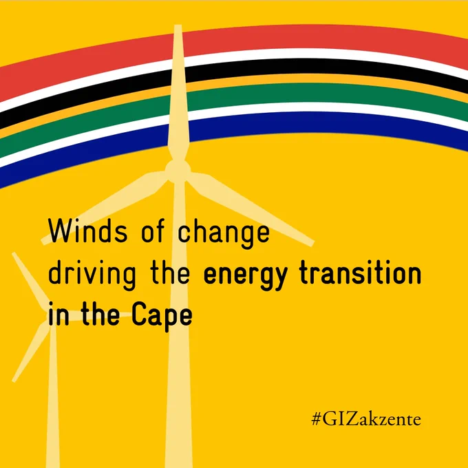 Above the South African flag and pictograms of wind turbines it says: Winds of change for energy transition in the Cape