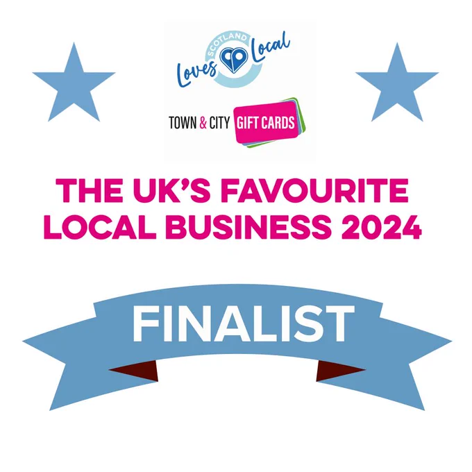 Scotland Loves Local and Town & City Gift Cards logos with the text the uk's favourite local business 2024 finalist.