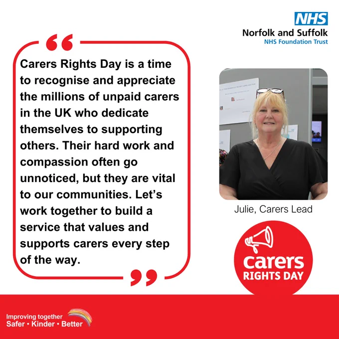 "Carers Rights Day is a time to recognise and appreciate the millions of unpaid carers in the UK who dedicate themselves to supporting others. Their hard work and compassion often go unnoticed, but they are vital to our communities. Let’s work together to build a service that values and supports carers every step of the way." - Julie, Carers Lead