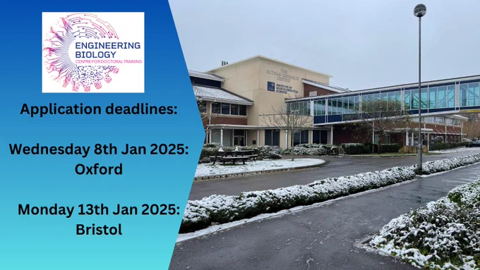 A snowy research building in Oxford with text reminders for application deadlines, of Wednesday 8th January 2025 for Oxford and Monday 13th January 2025 for Bristol.