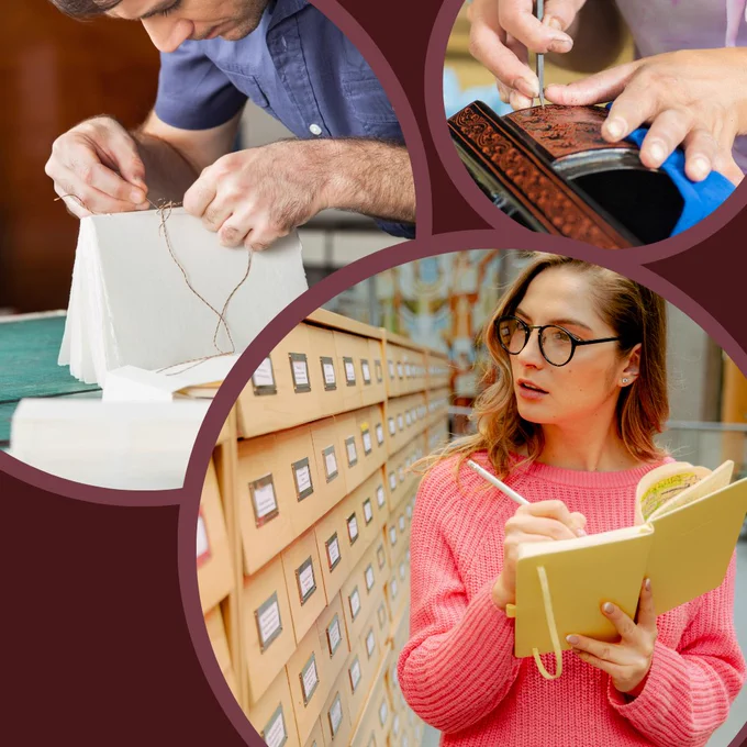 Collage of photos of a librarian, a book binder sewing a book and an artist making an etching.