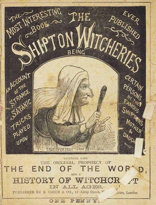 A print of a one penny publication with a drawing of a witch on the front, surrounded by text relating to the material within the publication.