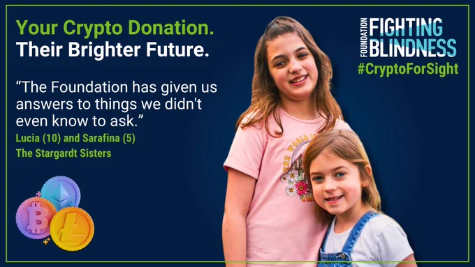Dark blue background with two young sisters, Lucia (10) and Sarafina (5), centered. Text to the left reads, “Your Crypto Donation. Their Brighter Future.” Below: “'The Foundation has given us answers to things we didn’t even know to ask.' - The Stargardt Sisters.” Foundation Fighting Blindness logo and “#CryptoForSight” in the top right, with a green “Donate Today” button. Logos of Bitcoin, Ethereum, and Litecoin appear below.