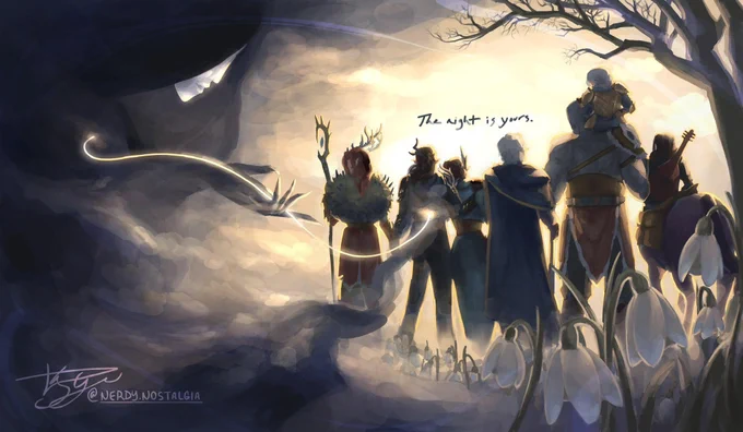 Fabulous fan art of the Matron of Ravens leading the heroes of Vox Machina by a golden thread by @NerdyNostalgia_  