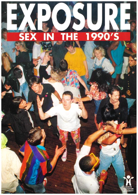 Health Education Authority magazine titled 'Exposure: Sex in the 1990's'. Cover shows a colour image of people dressed in brightly coloured clothing dancing.