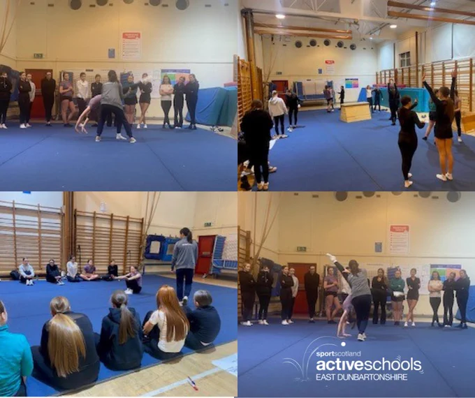 Four photographs of East Dunbartonshire secondary pupils taking part in a Gymnastics Young Leader course, led by EDLC Gymnastics Development Officer.