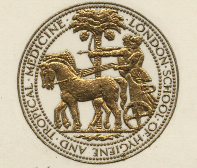 Gold embossed design of the London School of Hygiene and Tropical Medicine seal. Featured on the invitation to the opening ceremony of the Keppel Street building in 1929.