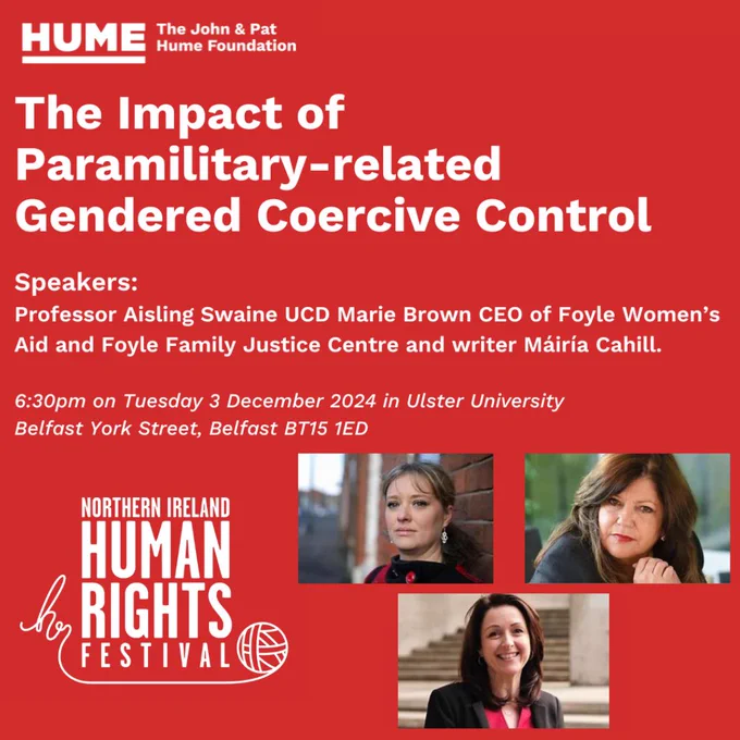 Event flyer for "The Impact of Paramilitary-related Gendered Coercive Control" at Ulster University, featuring speakers.