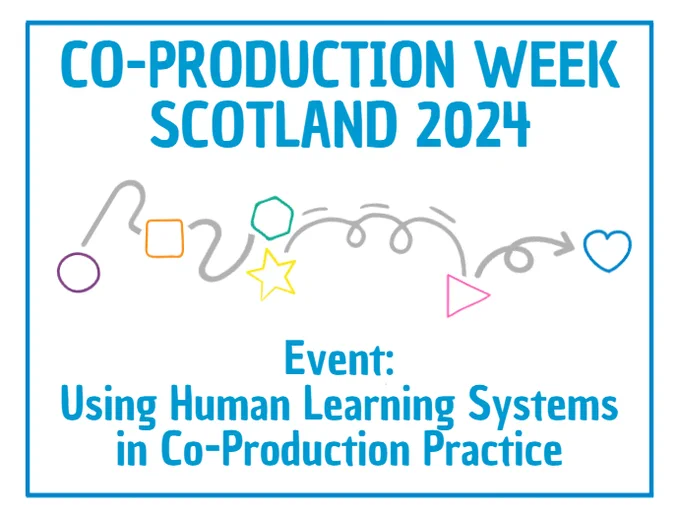 Blue text on a white background: Co-production Week Scotland 2024 Event: Using Human Learning Systems in Co-Production Practice