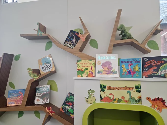 Library display of dinosaur books