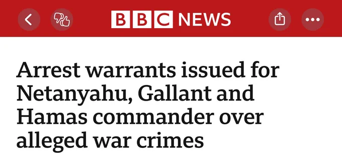 BBC News Article:

“Arrest warrants issued for Netanyahu, Gallant and Hamas commander over alleged war crimes”