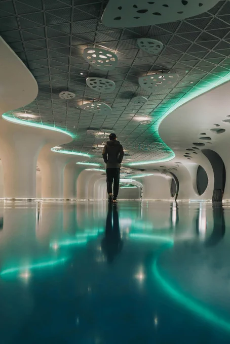 futuristic hallway with a man
