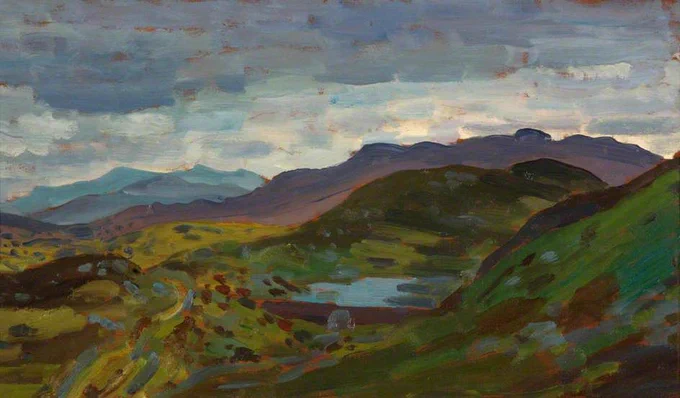 An oil painting of green hills and purple mountains with a blue lake 