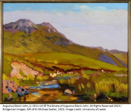 An oil painting of a stream in front of green landscape and mountains 