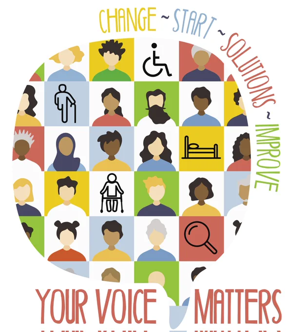 Picture of a speech bubble shape filled with a grid pattern. Each square contains a cartoon profile of a different person. Some squares have an icon - one is the outline of a bed, one is a person with a walking stick. Around the edge of the speech bubble are the words "change, start, solutions, improve". At the bottom of the picture it says "Your Voice Matters".