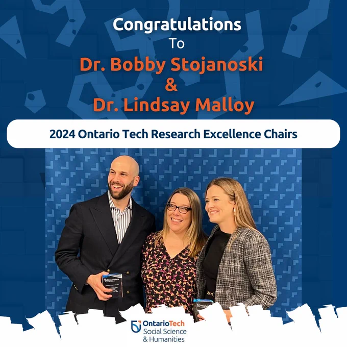 A group photo of with from left to right, Dr. Bobby Stojanoski, Dr. Amy Leach and Dr. Lindsay Malloy, all smiling woman holding awards. Text above reads, "Congratulations to Dr. Bobby Stojanoski & Dr. Lindsay Malloy, 2024 Ontario Tech Research Excellence Chairs."