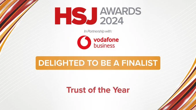 White and red graphic with the HSJ Awards 2024 logo and Vodafone business logo. Text reads 'Delighted to be a finalist for Trust of the Year'.