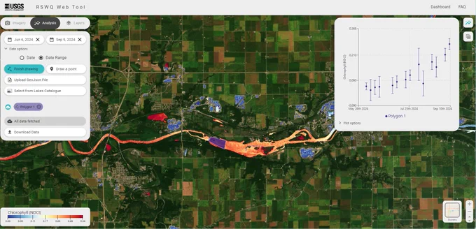 Satellite imagery showing a stretch of the Illinois River near Starved Rock. The image was generated by the USGS Remote Sensing Water Quality (RSWQ) Web Tool and was used to guide field crews sampling the Illinois River algal bloom conditions during the week of September 9-13, 2024 (credit: screen capture by Jim Duncker).