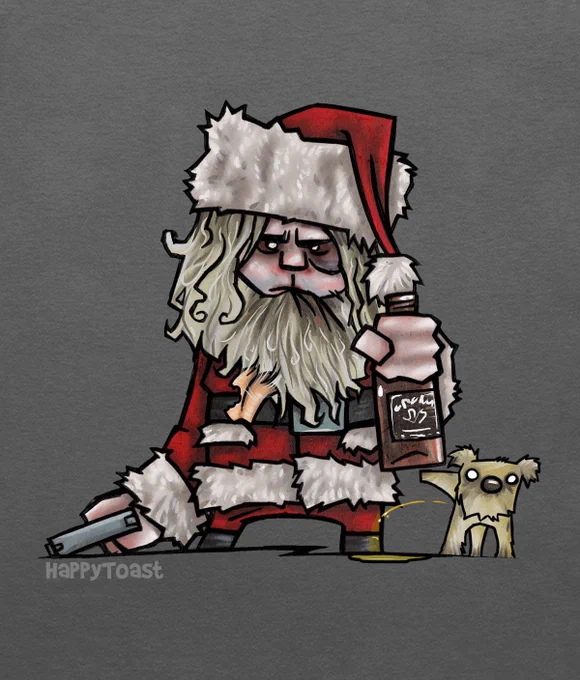 A HappyToast illustration of the character Louis Winthorpe III dressed as Santa in the film Trading Places.  He has a bottle in one hand and the dog is peeing on him.